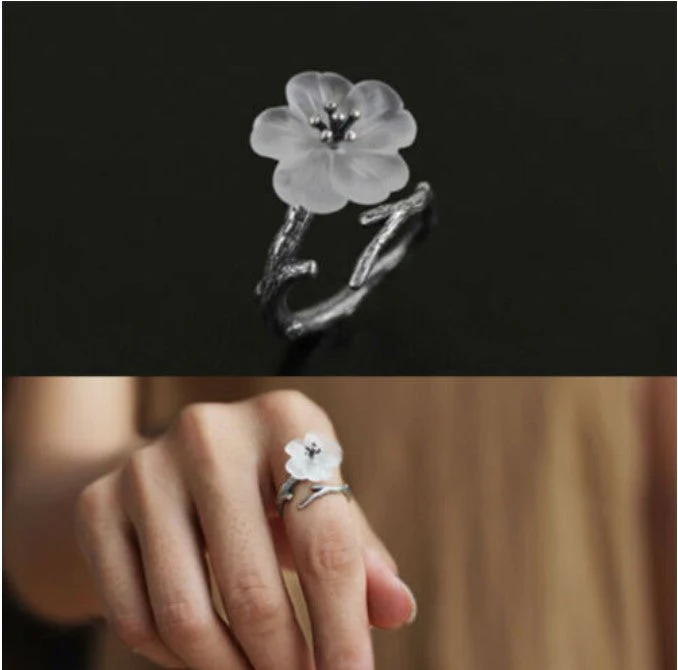 White Cherry Blossom Silver Ring - Image 4